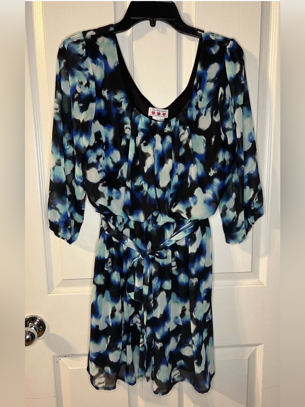 Three Hearts Black and Blue Abstract Pleat-Neck Dress